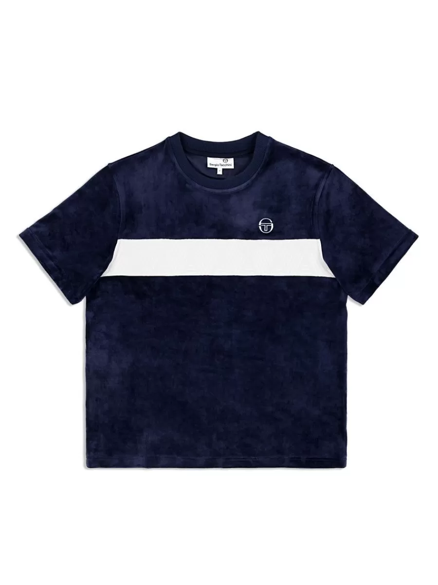 Matching Separates>Sergio Tacchini Debossed Damarindo Velour T-Shirt- Maritime Blue