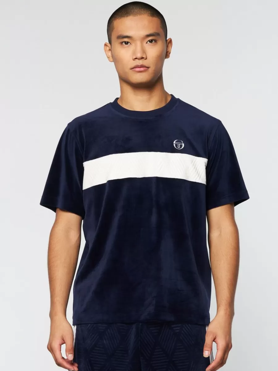 Matching Separates>Sergio Tacchini Debossed Damarindo Velour T-Shirt- Maritime Blue